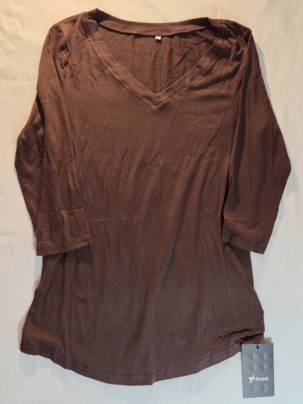 Ficerd Brown V-Neck 3/4 Sleeve T-Shirt - S